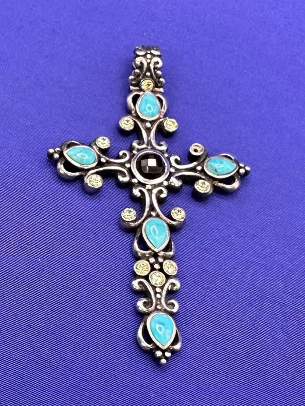 VTG Barse Sterling Silver Turquoise Cross w/Crystal Pendant